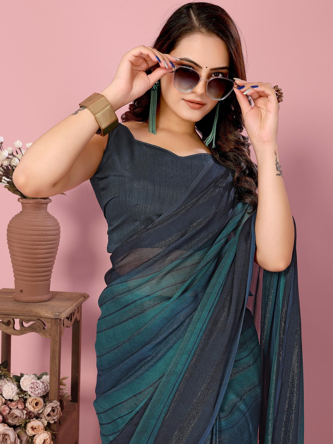 

HERE&NOW Striped Ready to Wear Saree, Teal