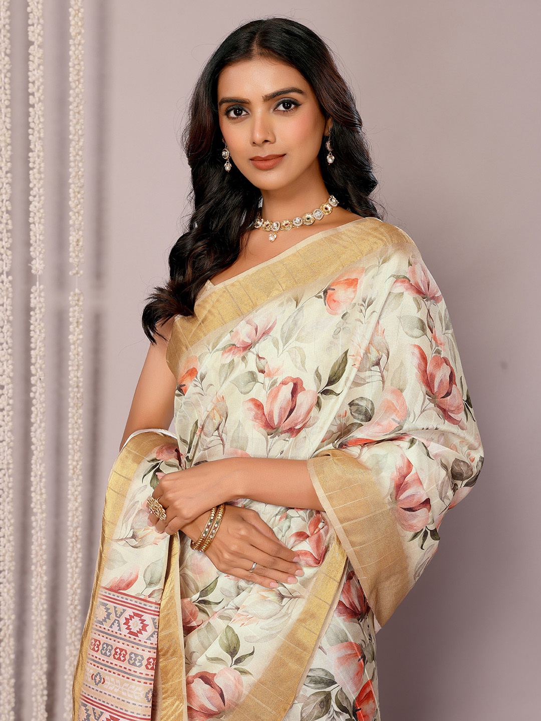 

KALINI Floral Zari Silk Blend Chanderi Saree, Cream