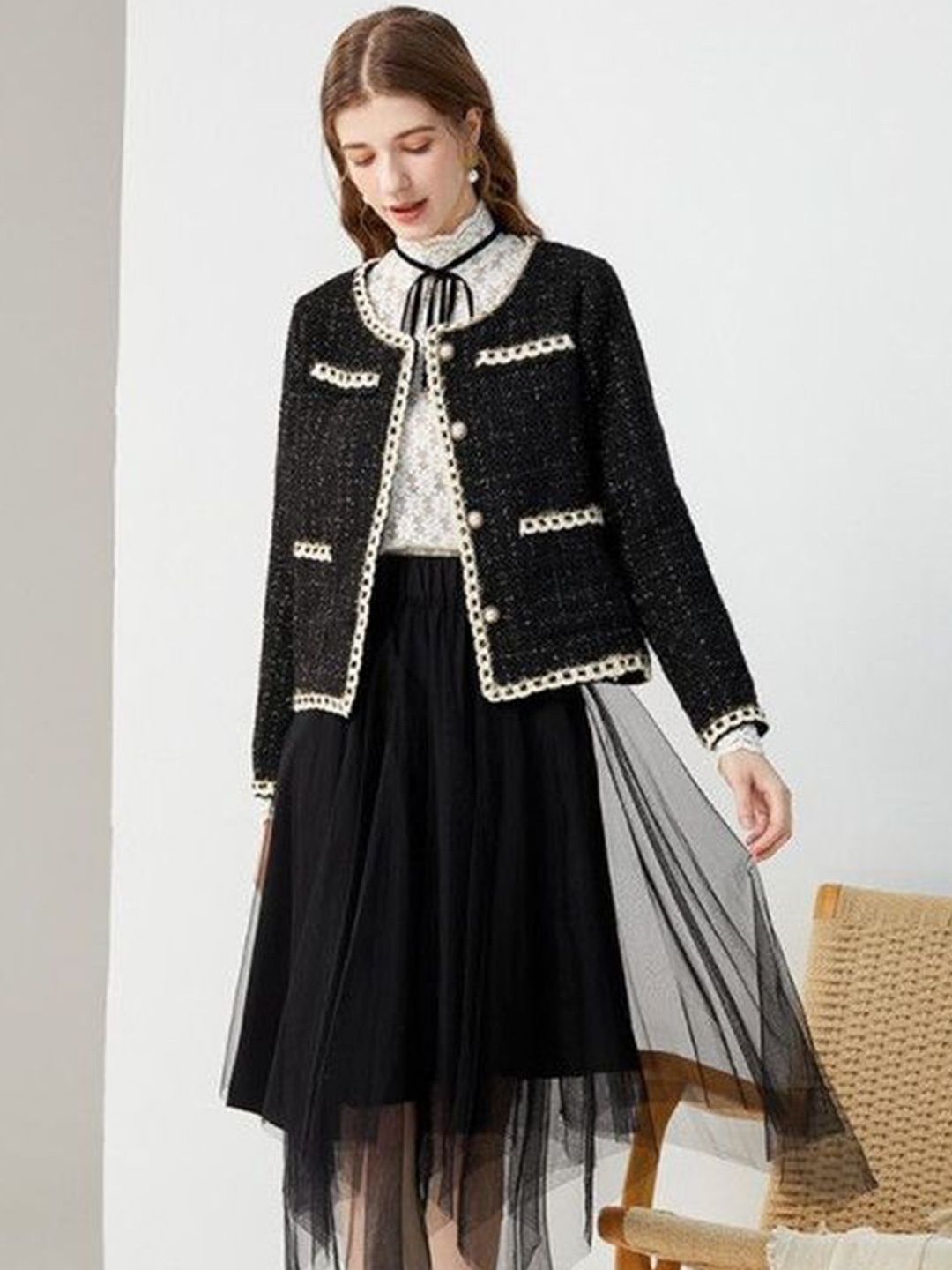 

LULU & SKY Women Geometric Longline Tailored Jacket with Embroidered, Black