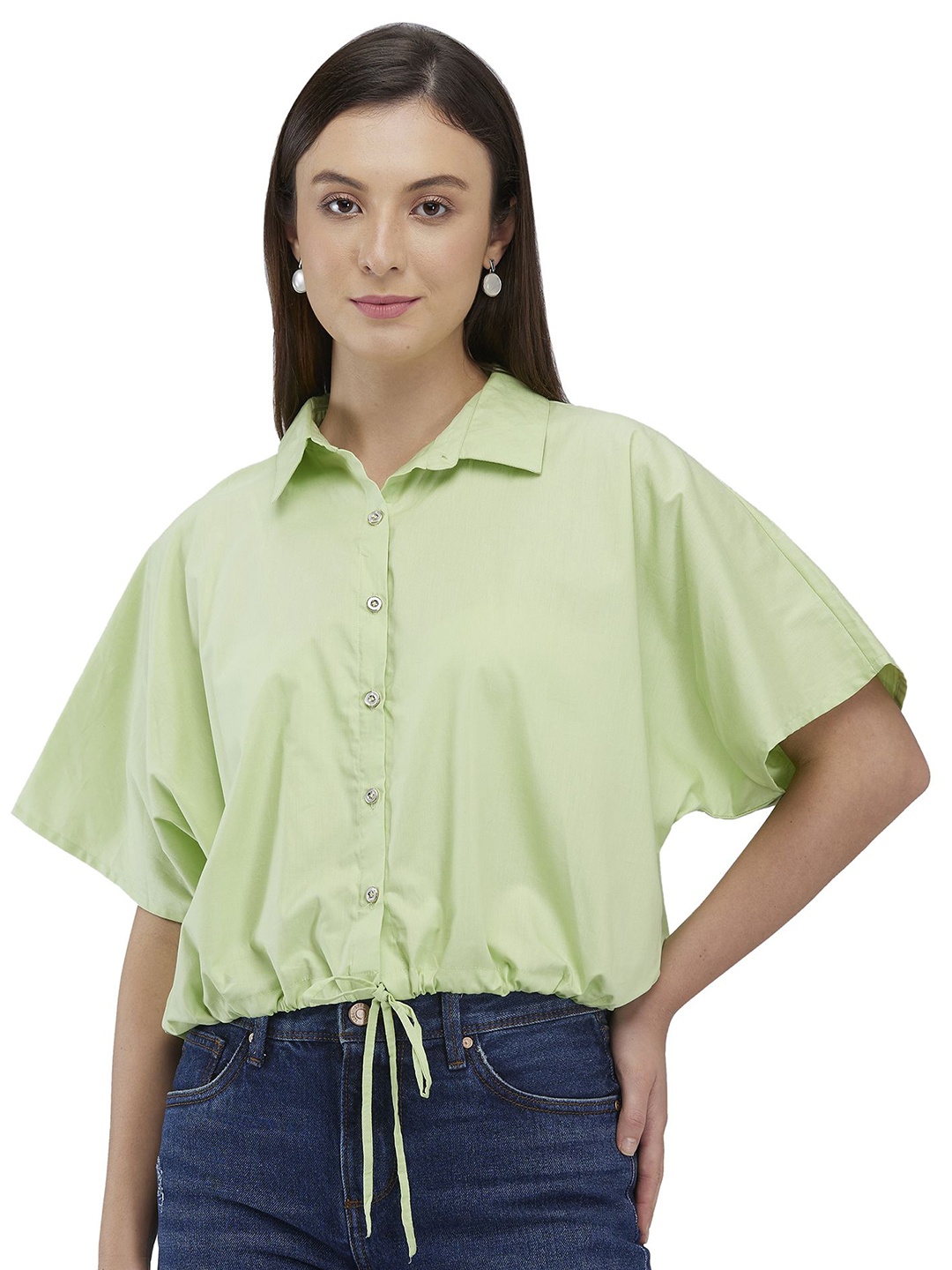 

IZEL Women Opaque Solid Cotton Casual Shirt, Lime green