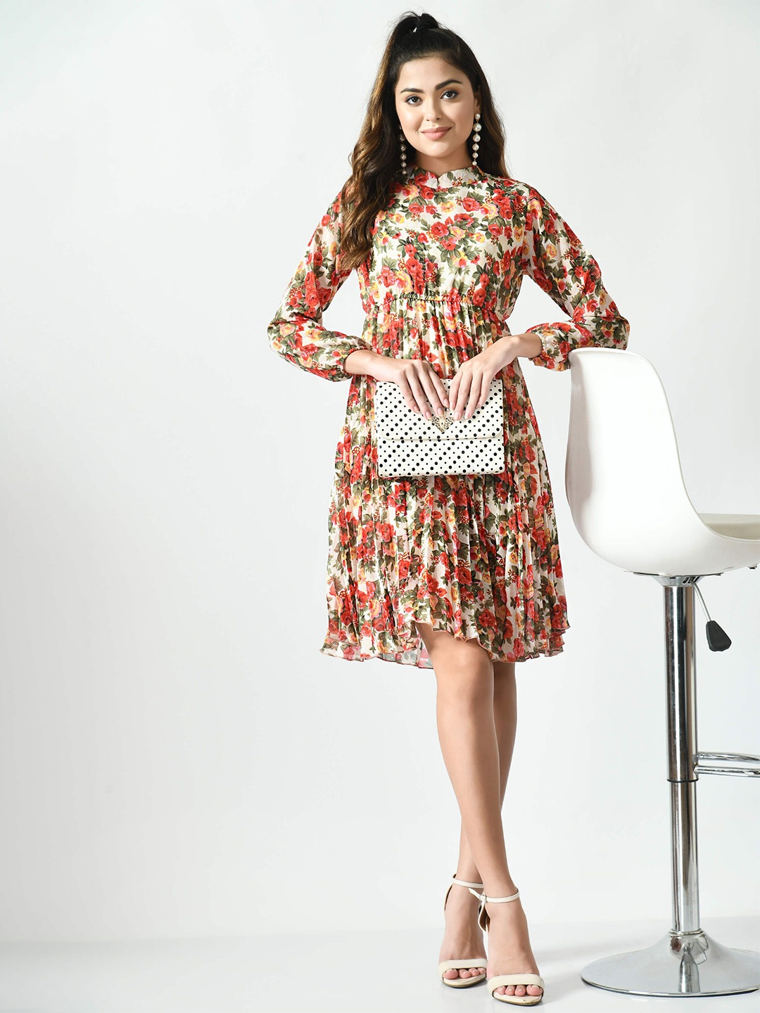 

FLYING FEST Floral Print Bell Sleeve Georgette Fit & Flare Dress, Multi