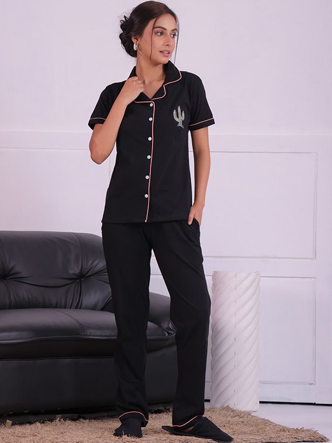 

NAP STORY Cactus embroidery Half Sleeves Shirt and Pyjama Nightsuit Set, Black