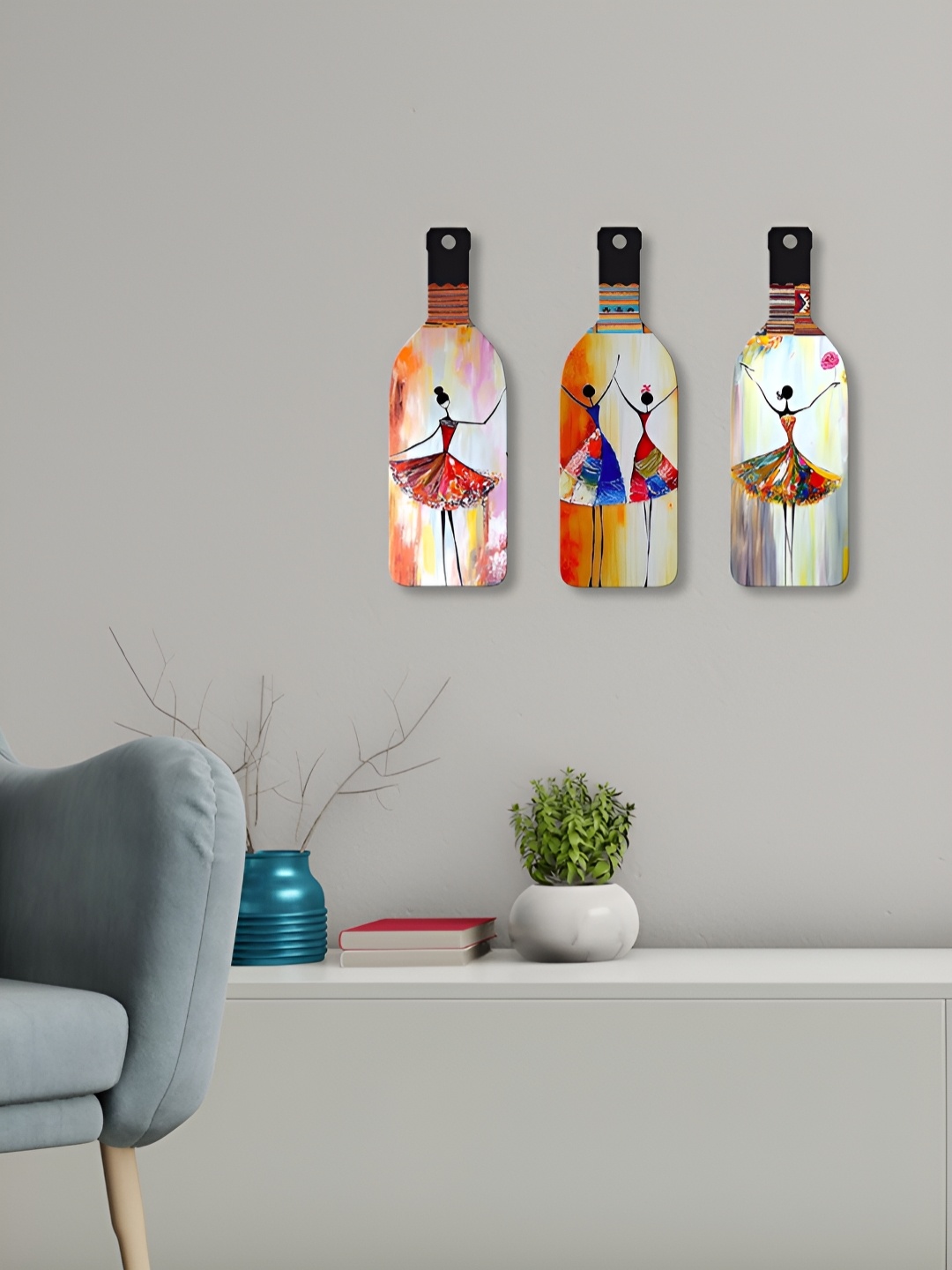 

ArtVibes 3-Pcs Pink & Orange Coloured Dancing Girls Printed Wooden Wall Hangings