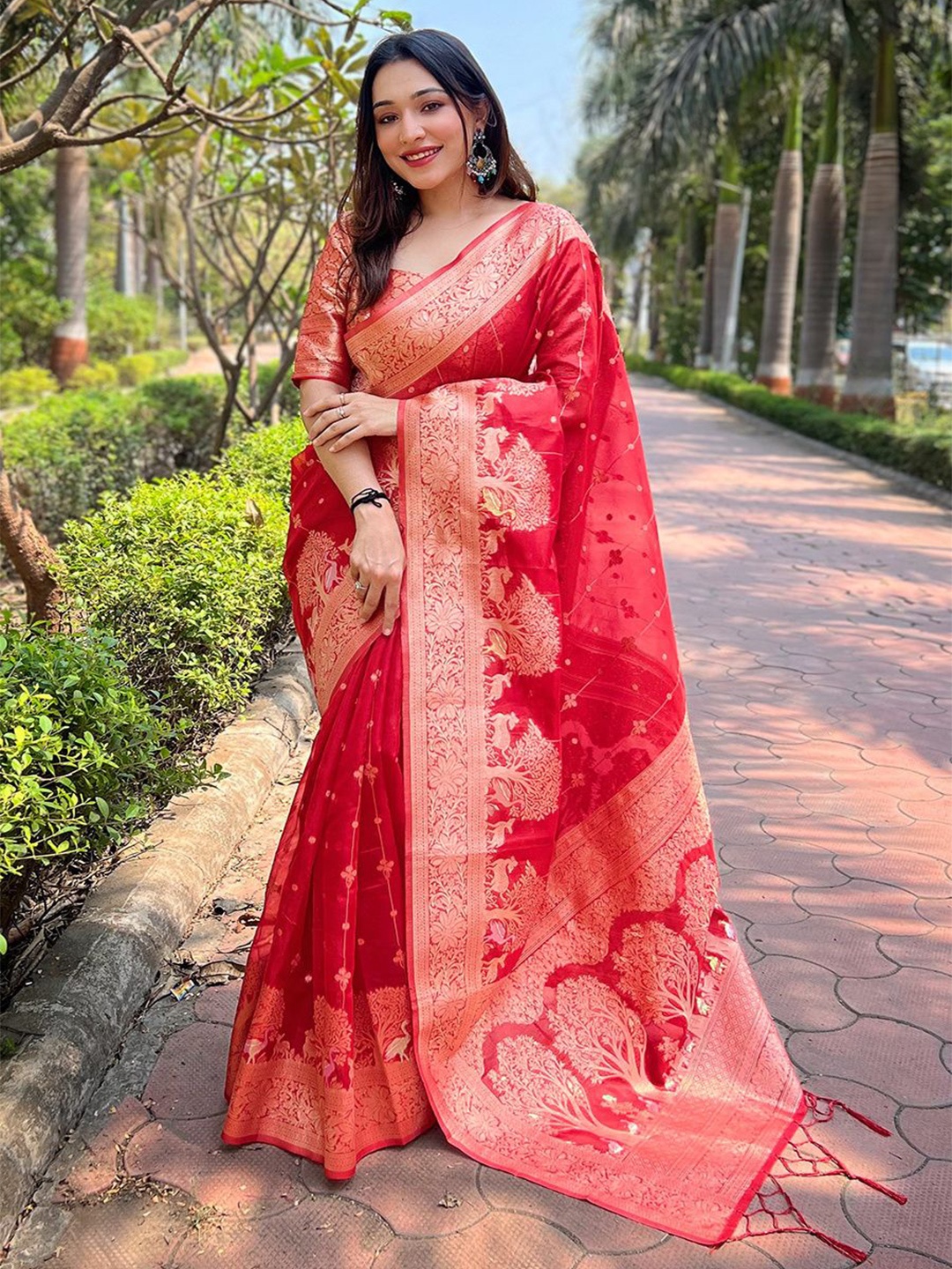 

DEVATITHI Woven Design Zari Organza Saree, Red