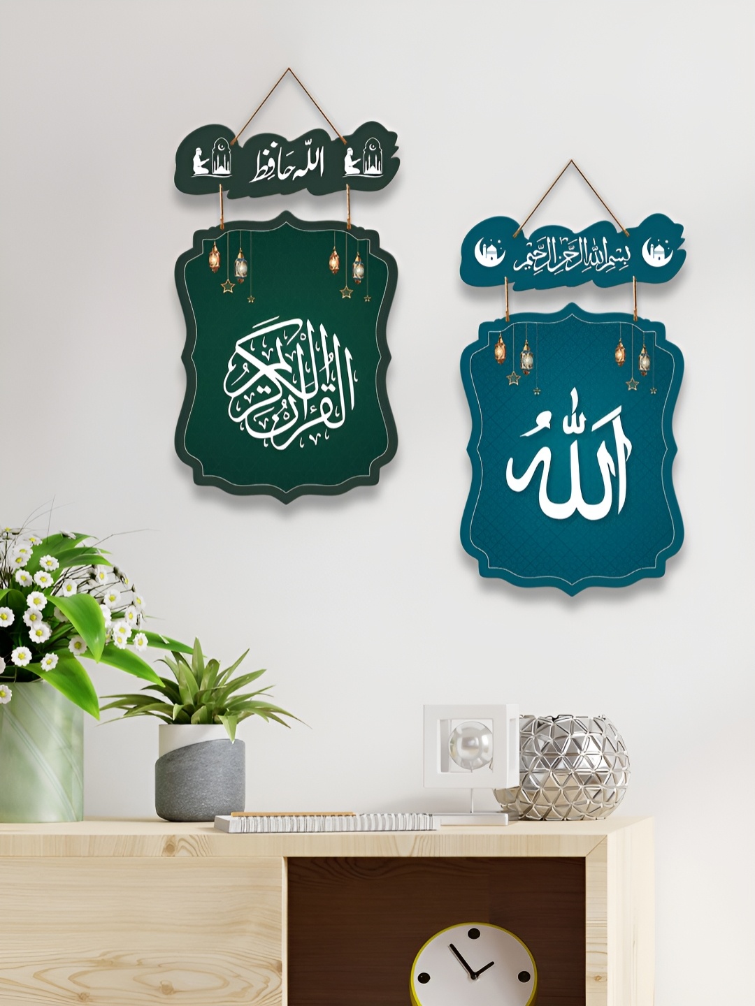 

ArtVibes Set Of 2 Green & Blue Printed Wooden Wall Hangings