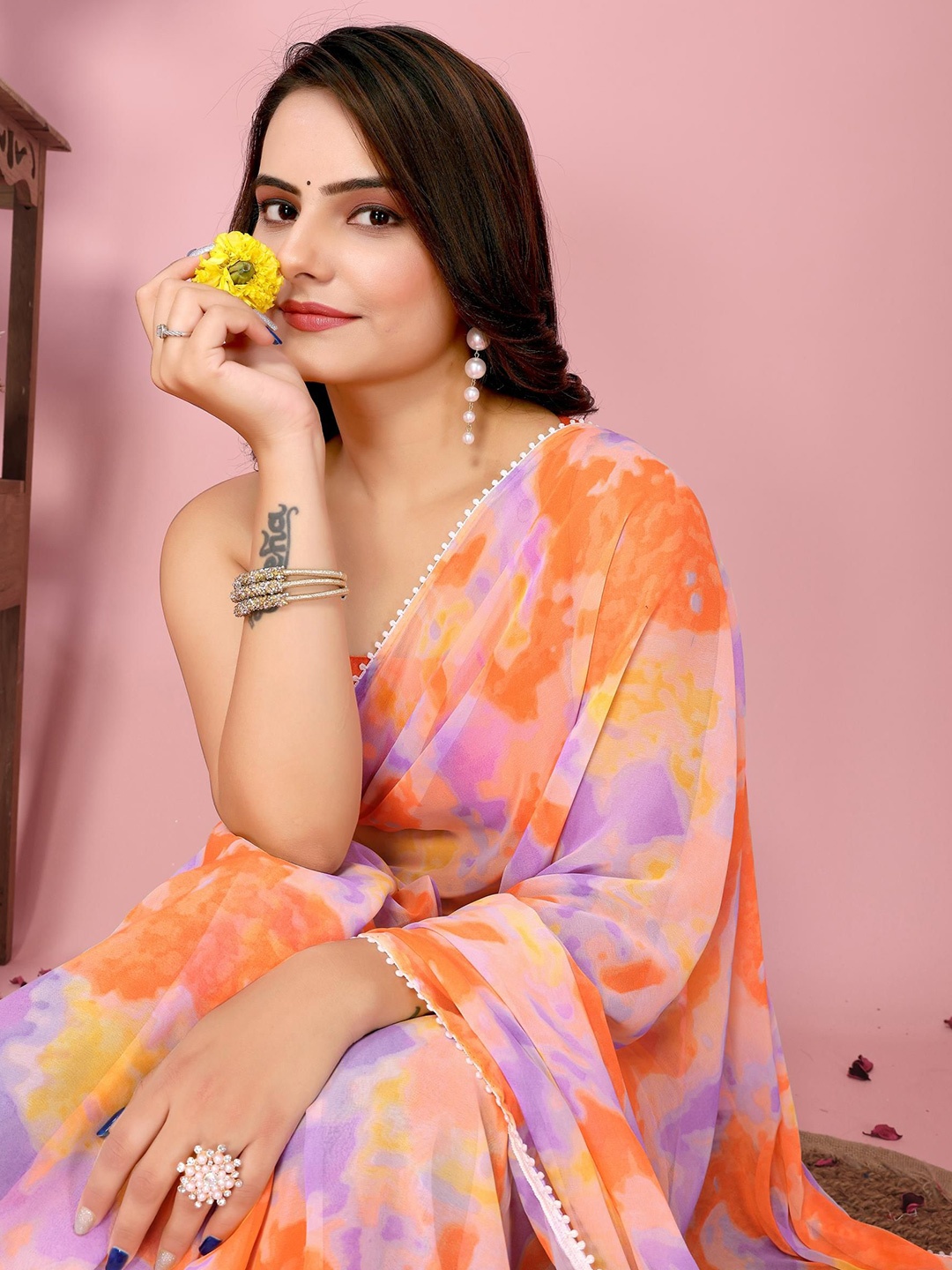 

HERE&NOW Printed Ready to Wear Saree, Orange