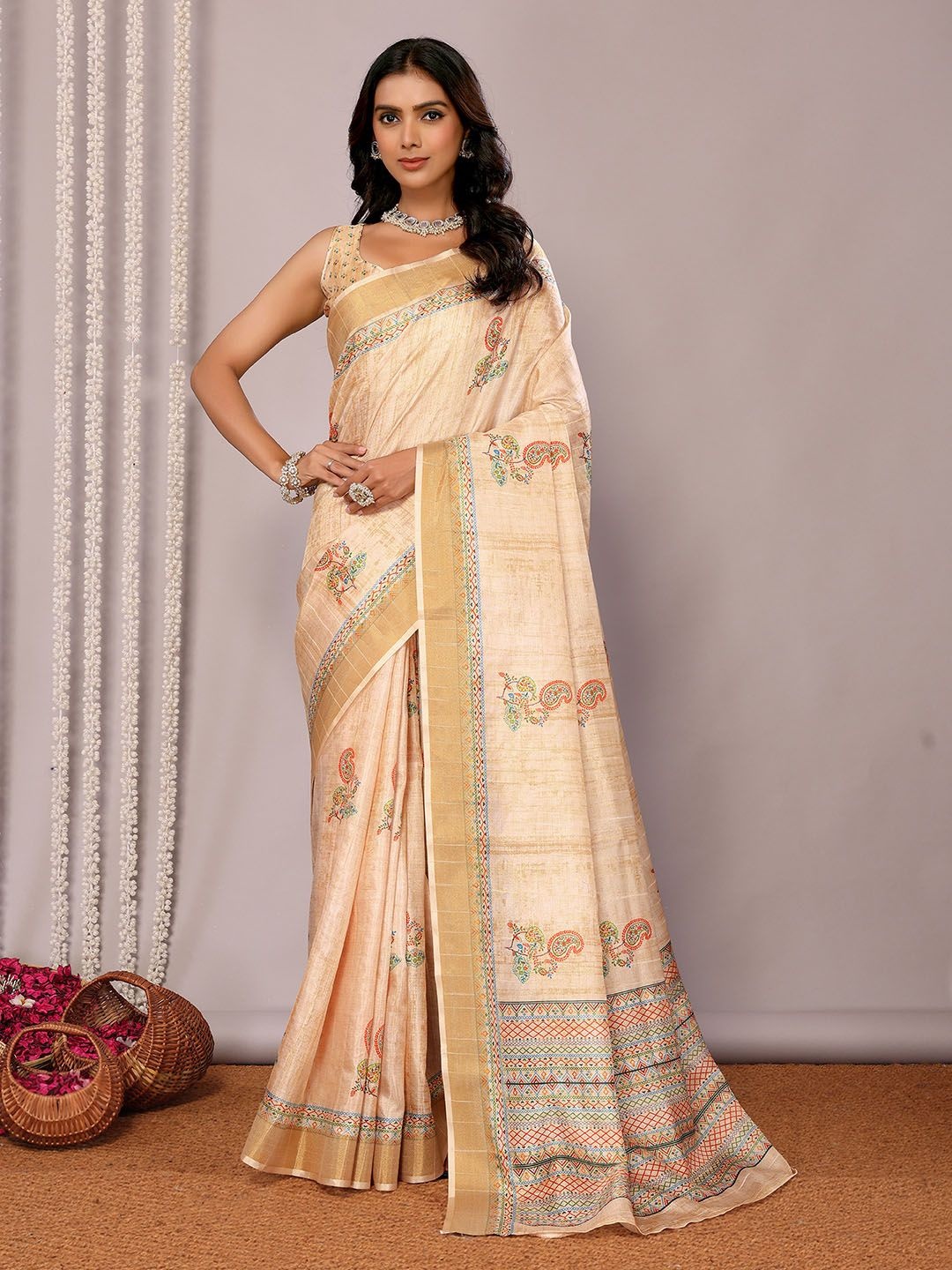 

KALINI Ethnic Motifs Zari Silk Blend Chanderi Saree, Beige