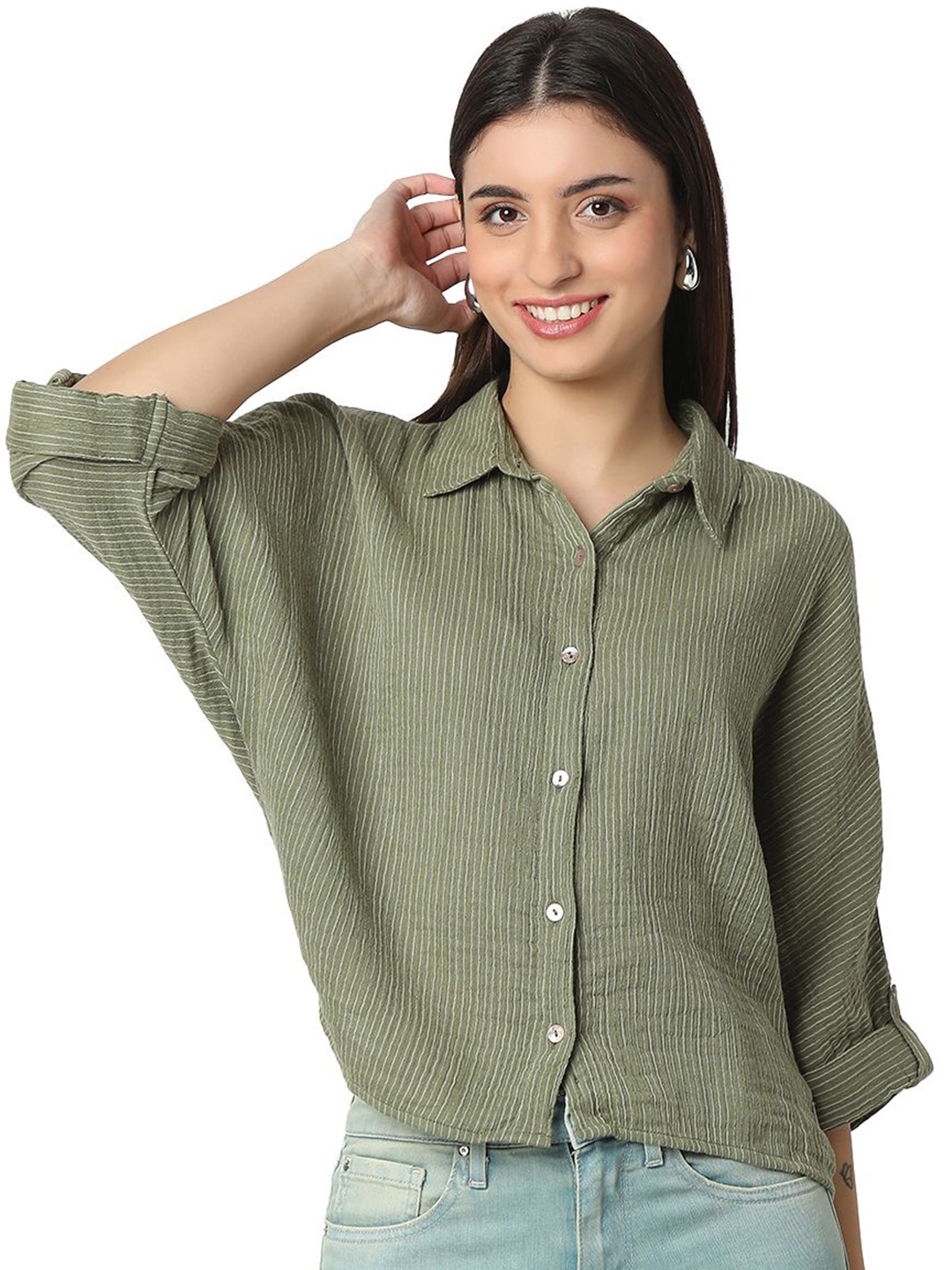 

SPYKAR Women Boxy Opaque Striped Casual Shirt, Grey