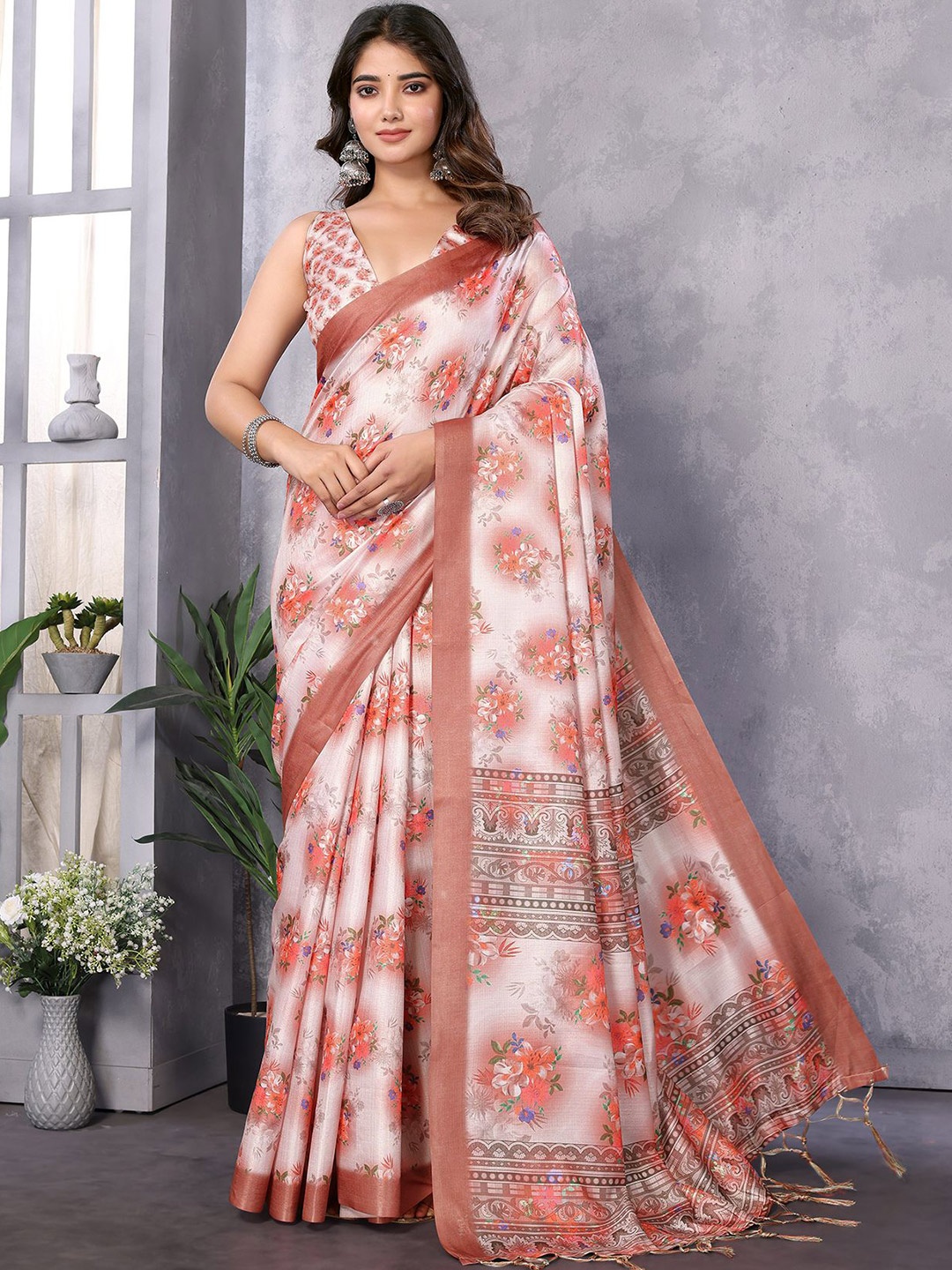 

KALINI Floral Art Silk Saree, White