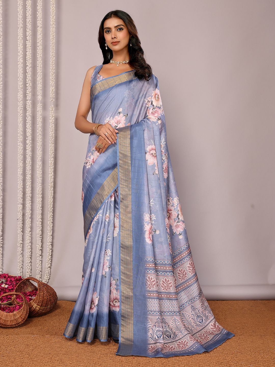 

KALINI Floral Silk Blend Chanderi Saree, Blue
