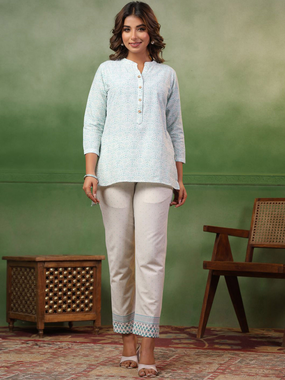 

Span Printed Tunic With Trousers, White