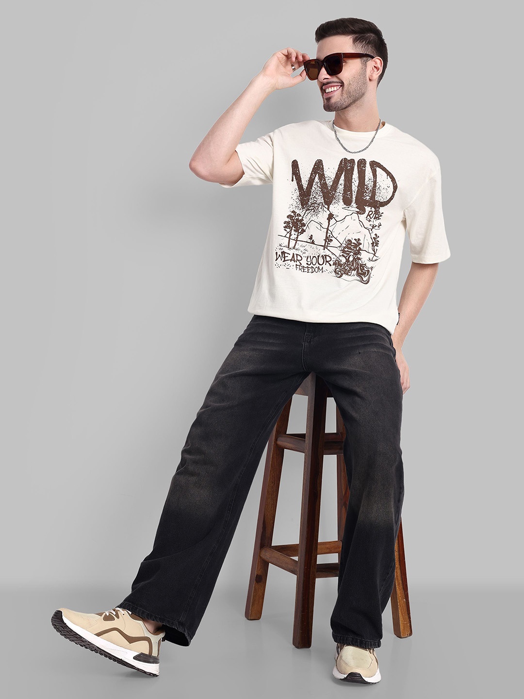 

The Roadster Lifestyle Co. Printed Pure Cotton Relaxed Fit Tshirt, Cream