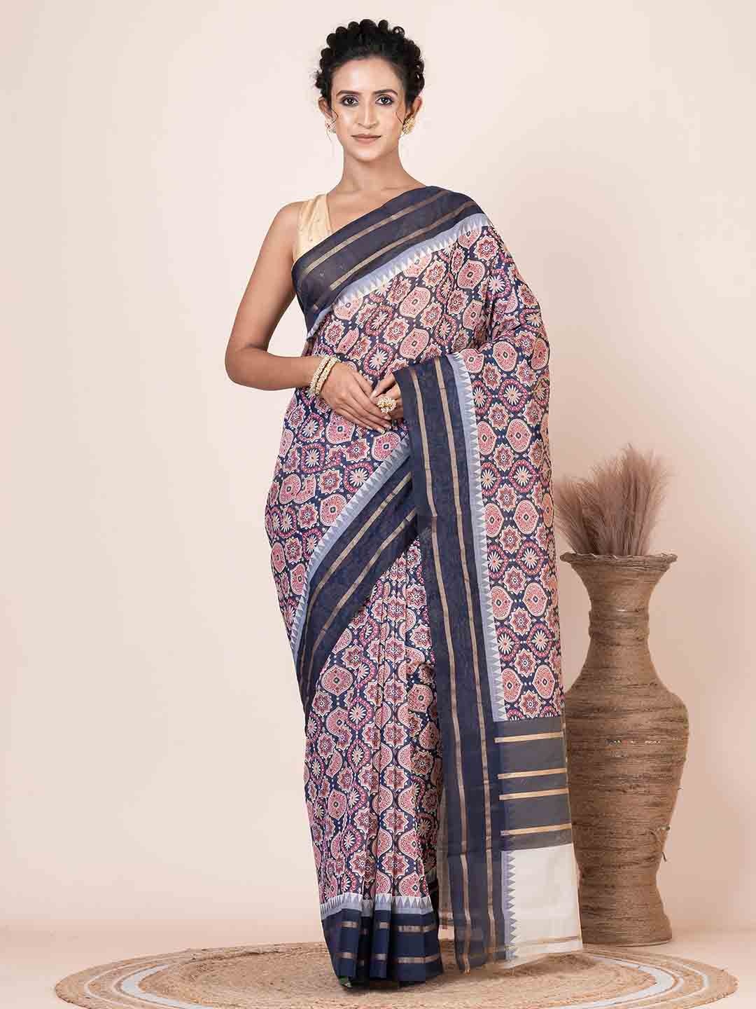 

VIBHAVARI Ethnic Motifs Zari Pure Cotton Saree, Blue