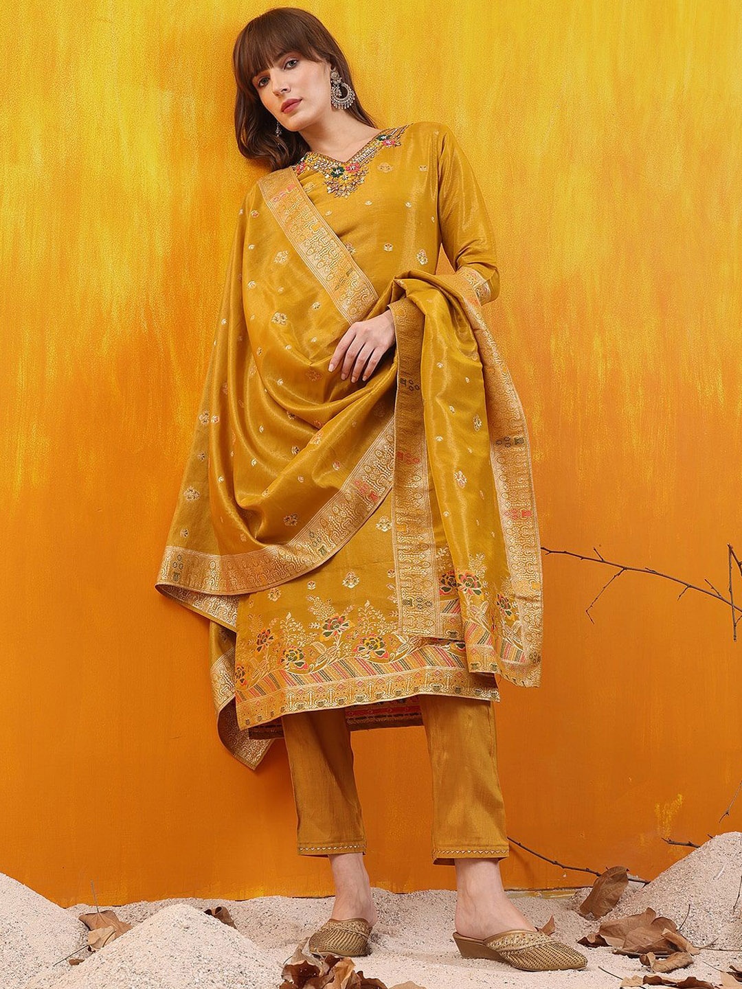 

KALINI Women Embroidered Regular Beads and Stones Pure Silk Kurta with Trousers & With Dupatta, Mustard