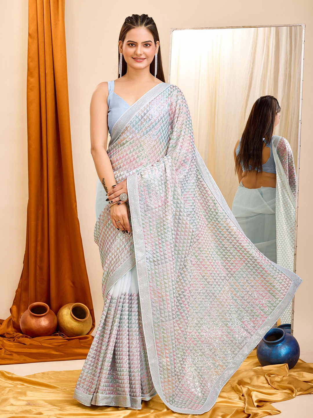 

HERE&NOW Embellished Sequinned Ready to Wear Saree, Turquoise blue