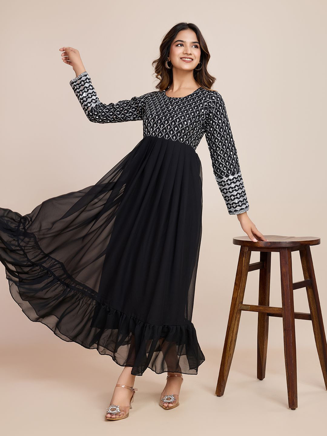 

AKSHARAM Floral Embroidered Georgette Fit & Flare Maxi Dress, Black