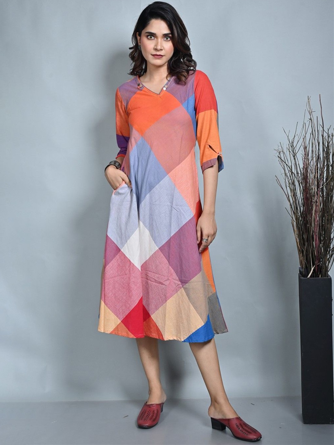 

Earthwear Geometric Printed Khadi A-Line Dress, Orange