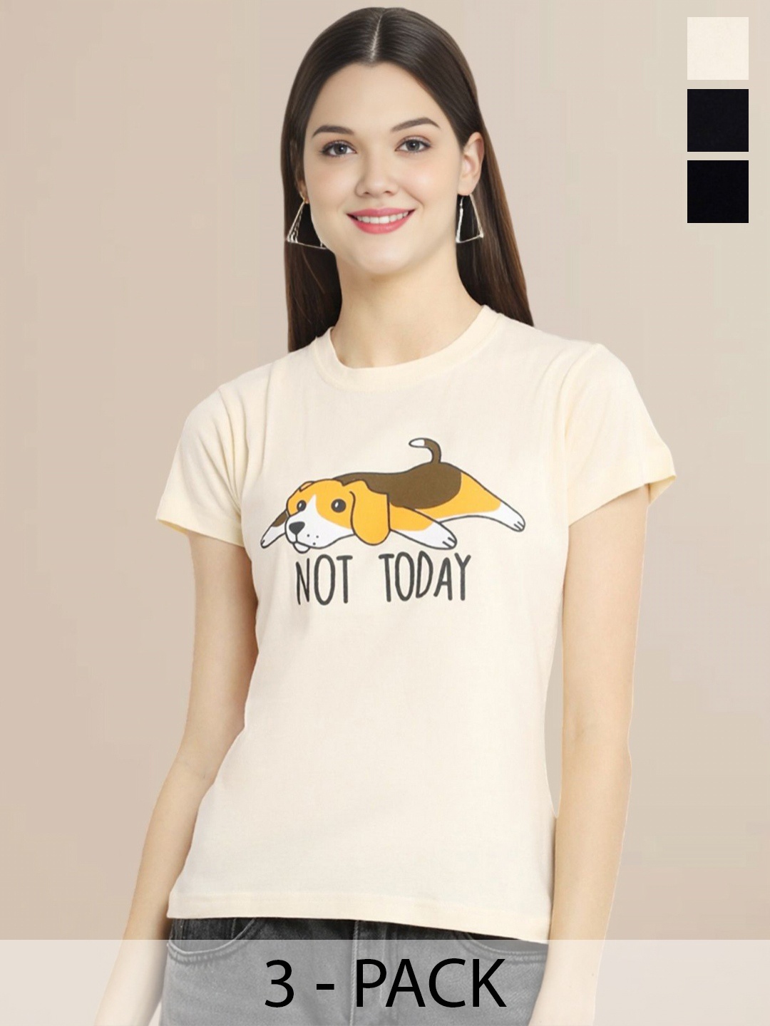 

Metronaut Women Pack Of 3 Typography Printed Round Neck Cotton Mickey Mouse T-shirts, Cream