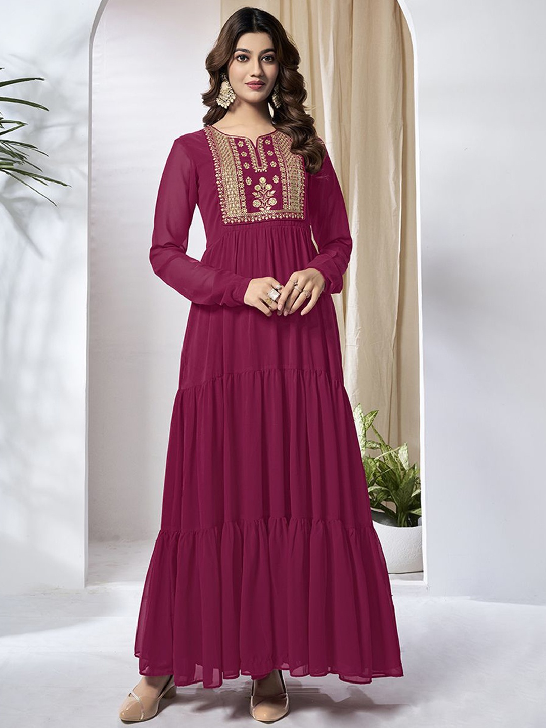 

Inddus Embroidered Tiered Maxi Dress, Magenta