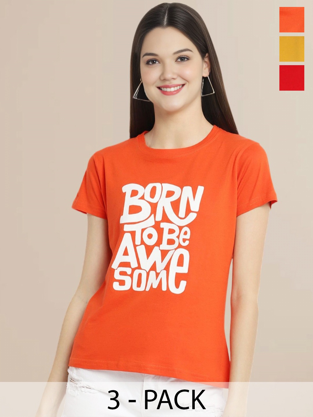 

Metronaut Women Pack Of 3 Typography Printed Round Neck Cotton T-shirts, Red