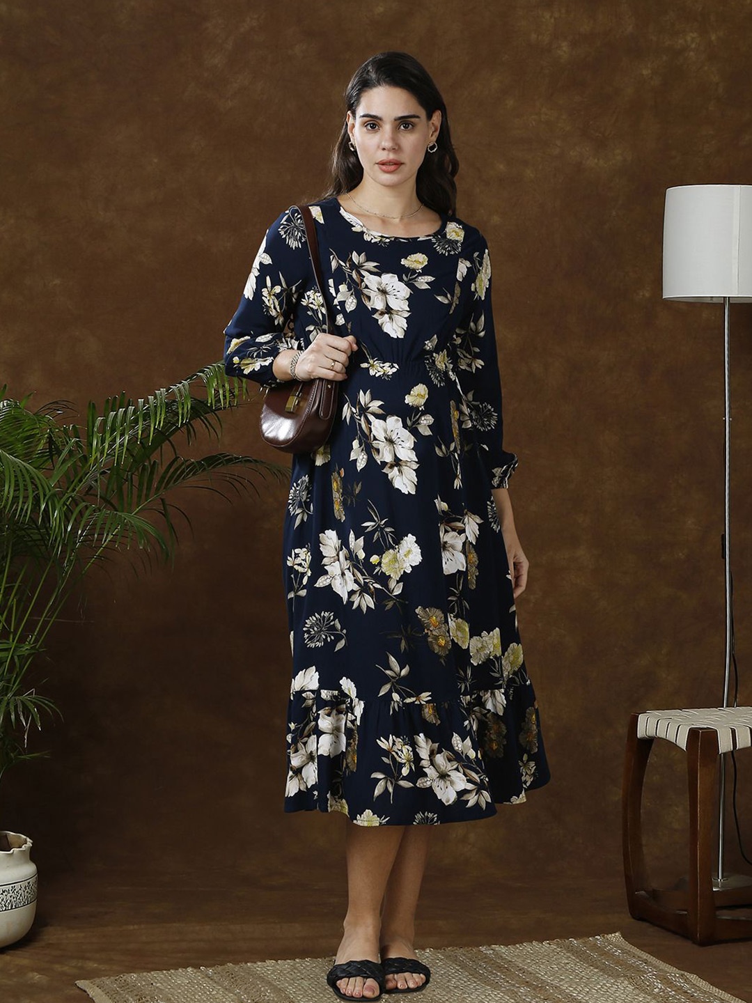 

MomToBe Floral Print Maternity Fit & Flare Midi Dress, Navy blue