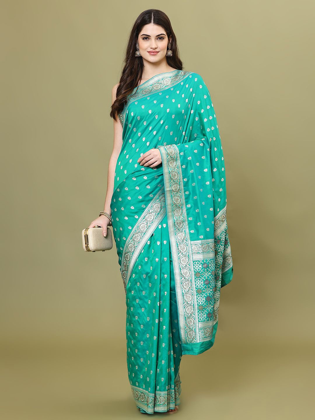 

Meena Bazaar Ethnic Motifs Woven Art Silk Banarasi Saree, Sea green