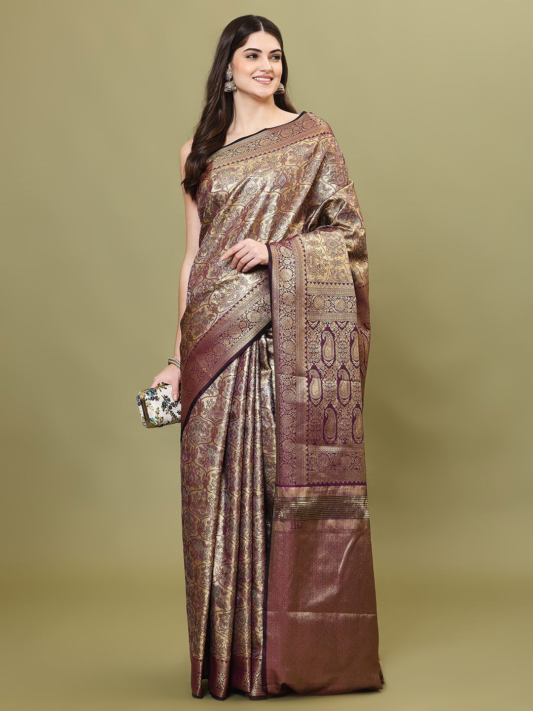 

Meena Bazaar Ethnic Motifs Woven Design Art Silk Heavy Work Saree, Purple
