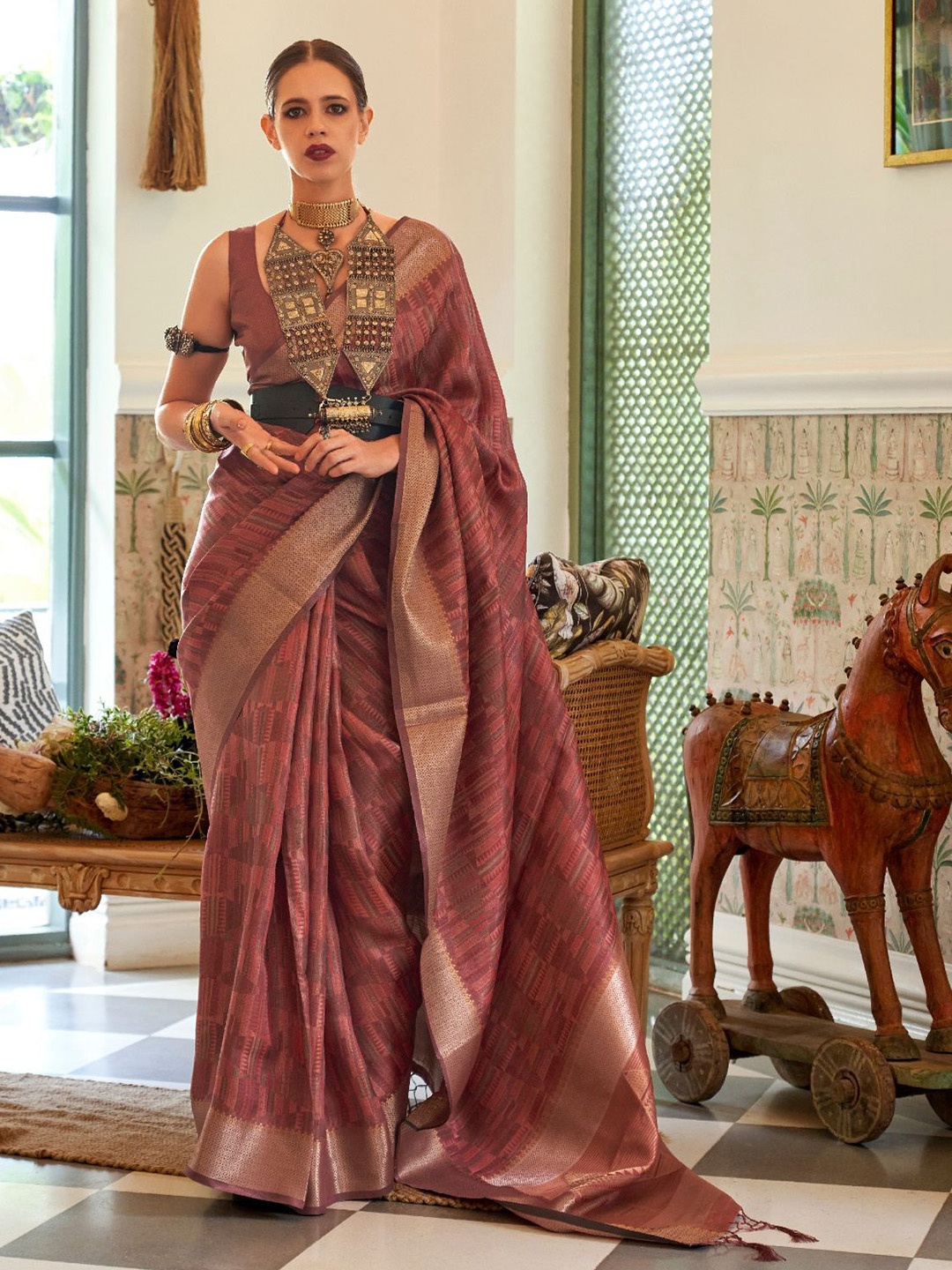 

ODETTE Woven Design Zari Organza Saree, Brown