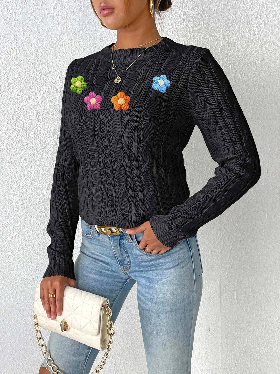 

StyleCast Women Embroidered Pullover with Embroidered Detail, Black