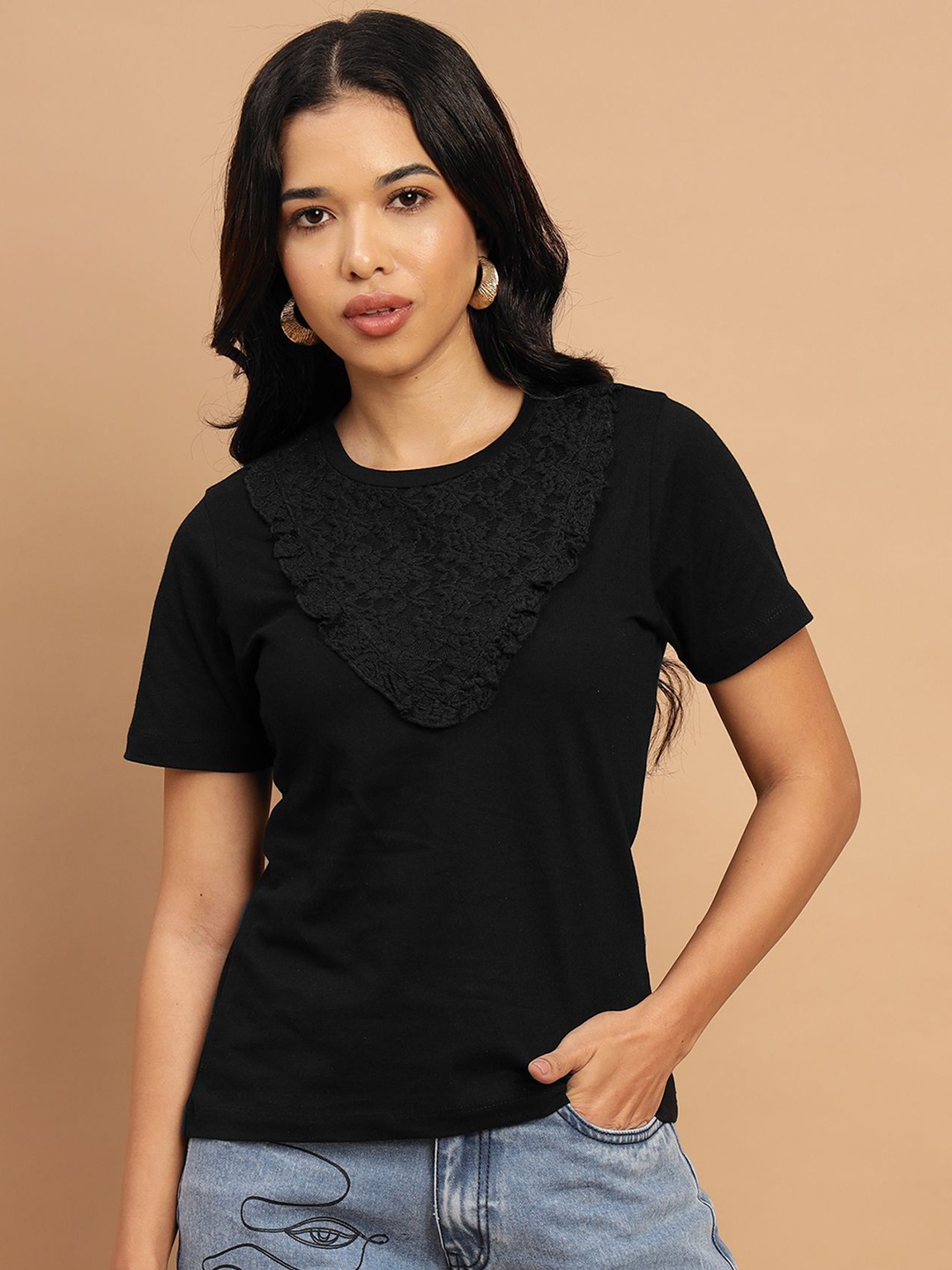 

Sands of India Women Floral Lace Applique T-shirt, Black