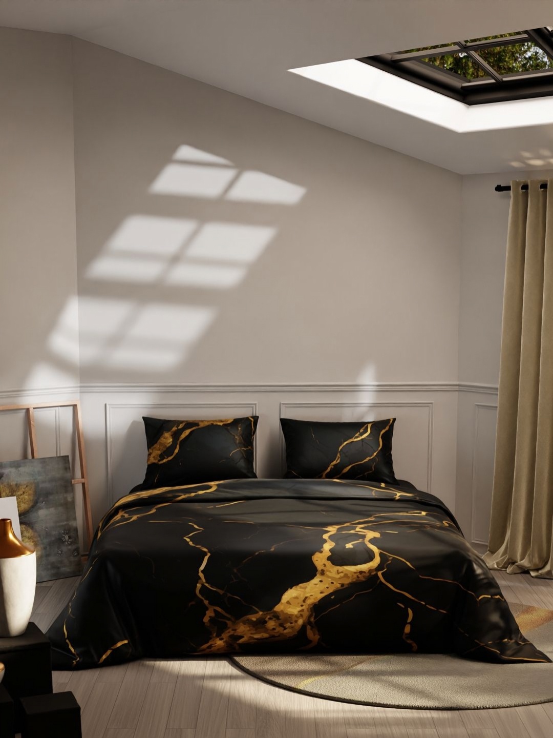 

Stoa Paris Louvre Black & Gold-Toned Satin King Regular Bedding Set