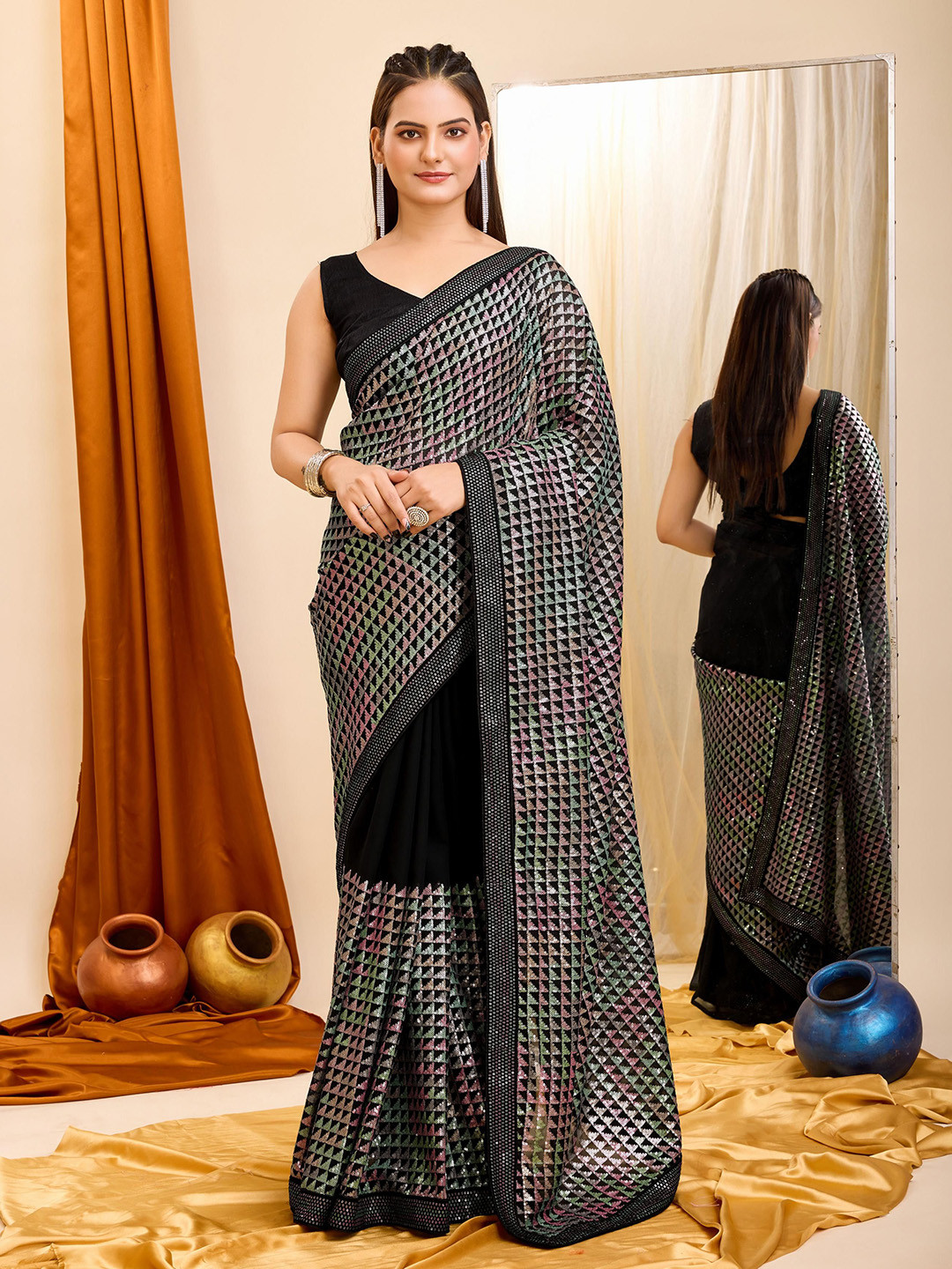 

HERE&NOW Embellished Sequinned Ready to Wear Saree, Black