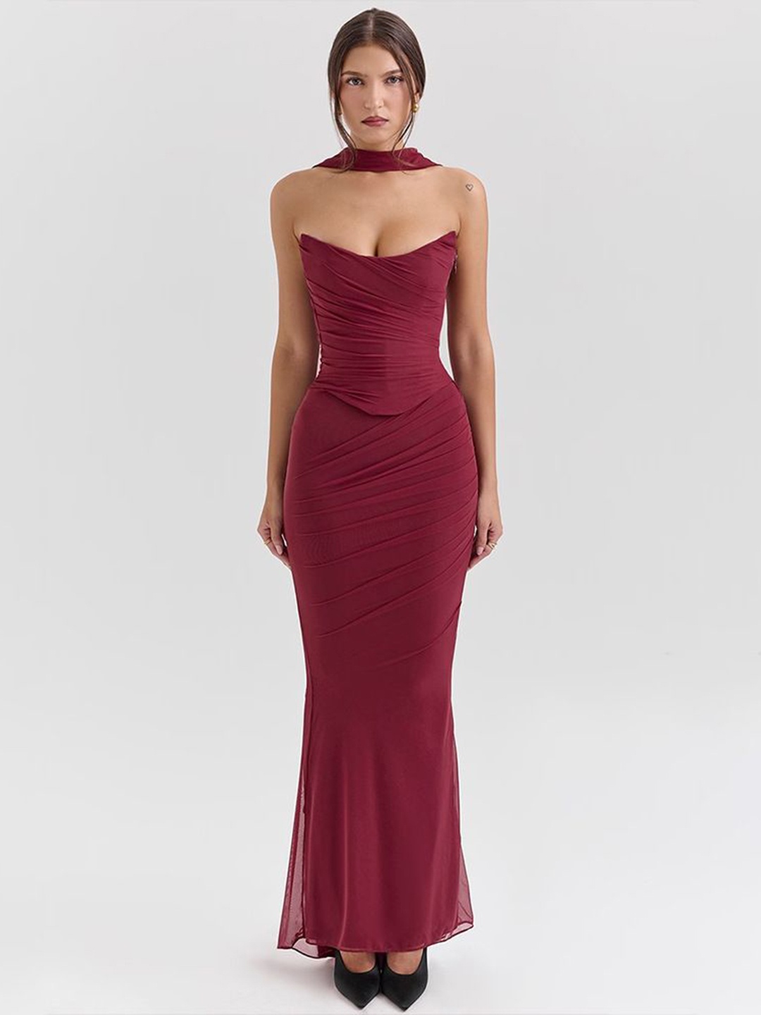 

MIAKEE Corset & Maxi Skirt With Stole Co-Ords, Maroon