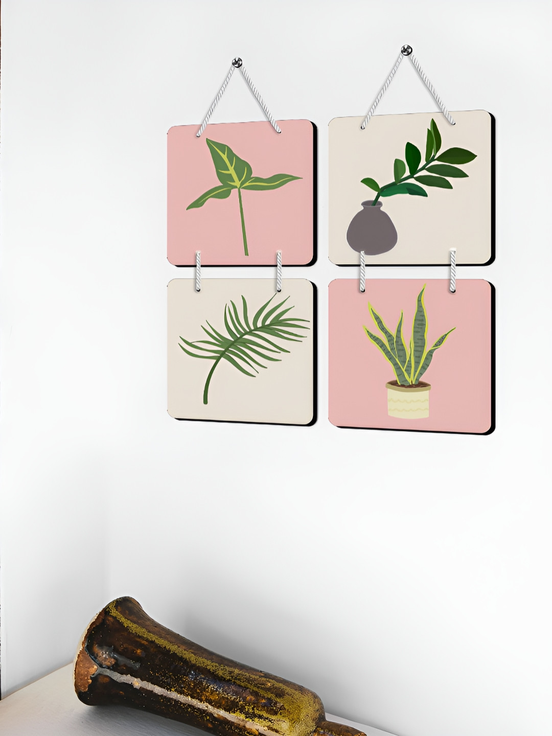 

OLIVE TREE 4-Pcs Off White & Pink Printed Wooden Wall Hangings