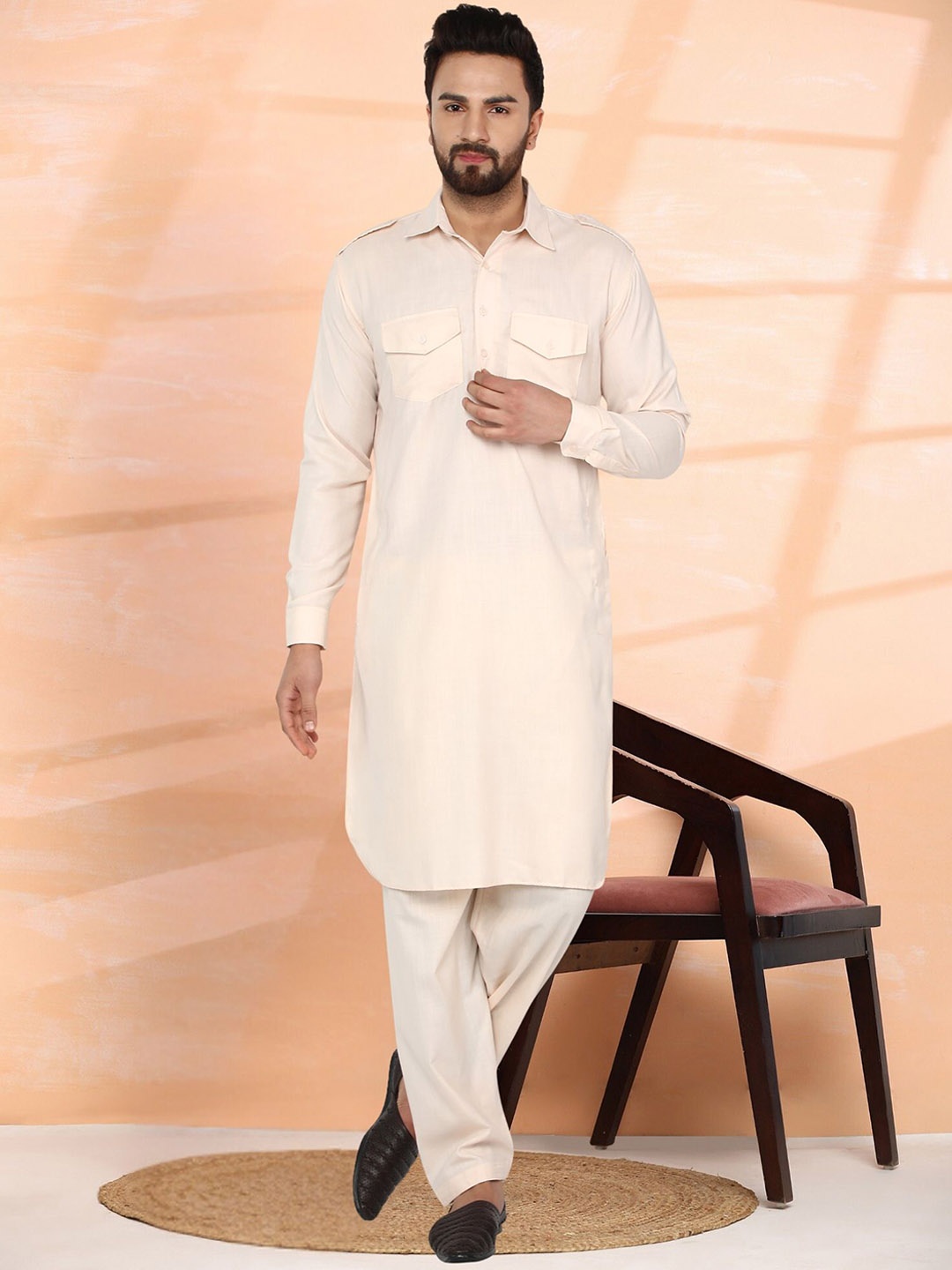 

SKAVIJ Shirt Collar Long Sleeves Regular Pathani Kurta With Pyjama, Beige