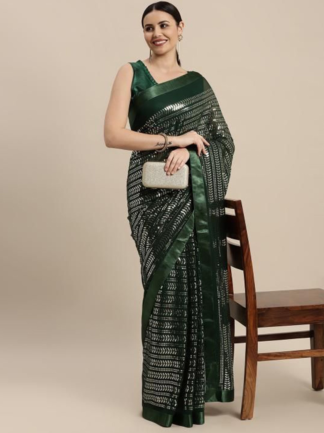 

HERE&NOW Embellished Sequinned Ready to Wear Saree, Green