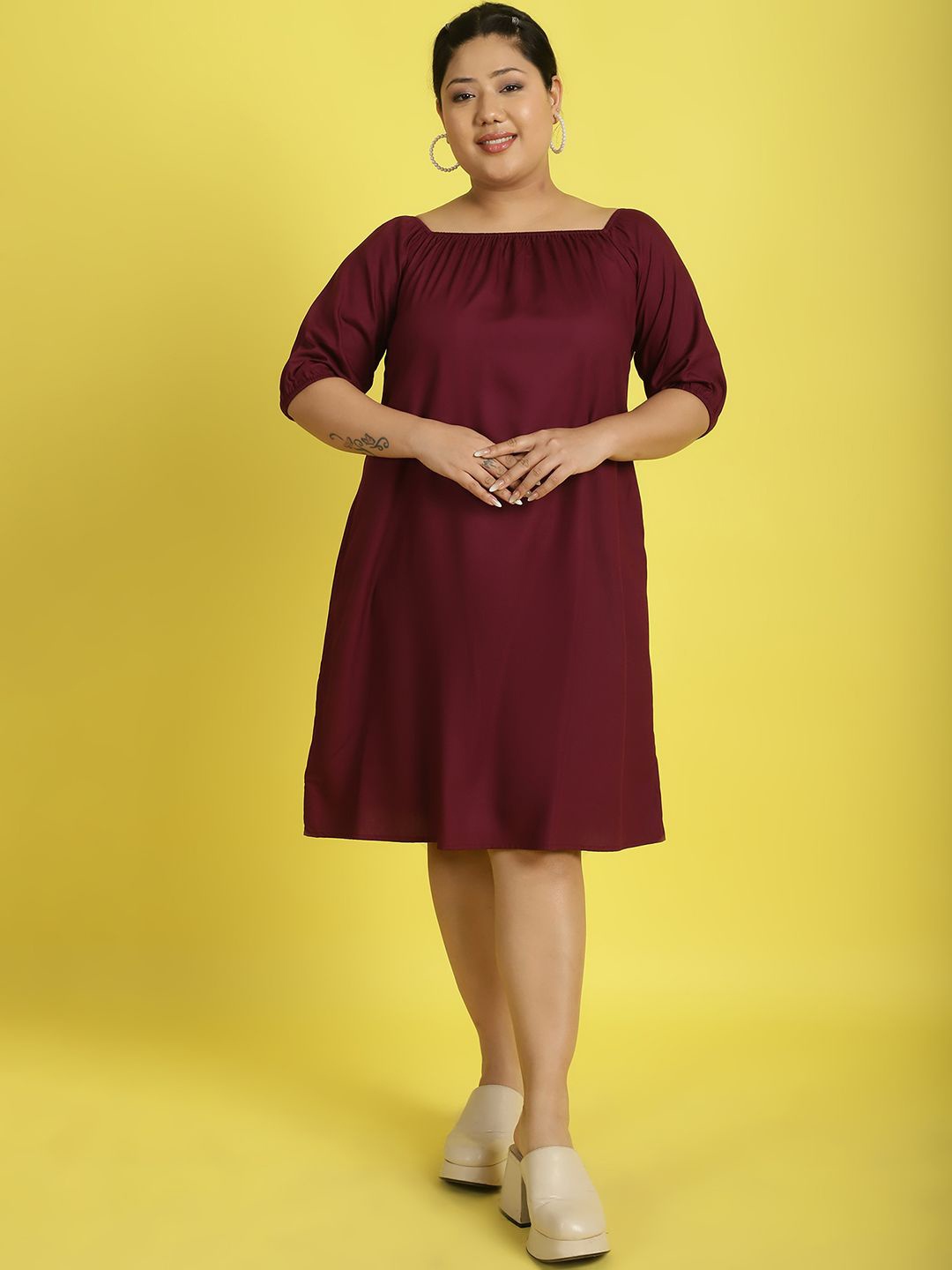 

theRebelinme Off-Shoulder A-Line Midi Dress, Burgundy