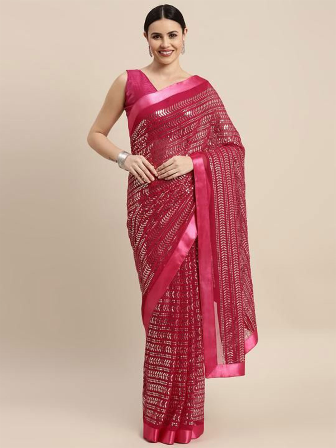 

HERE&NOW Sequinned Ready to Wear Saree, Magenta