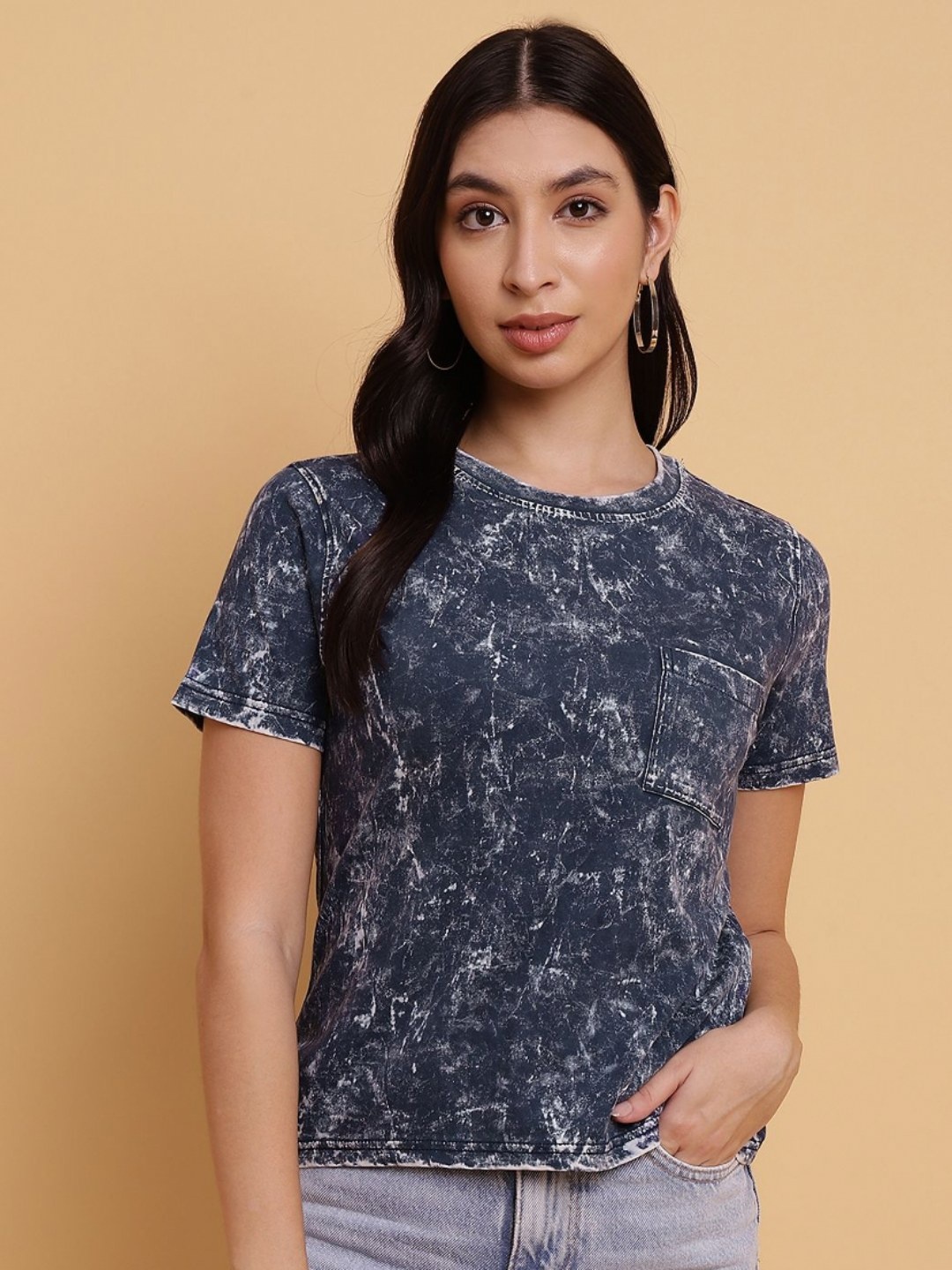

Sands of India Women Dyed Extended Sleeves Pockets T-shirt, Blue