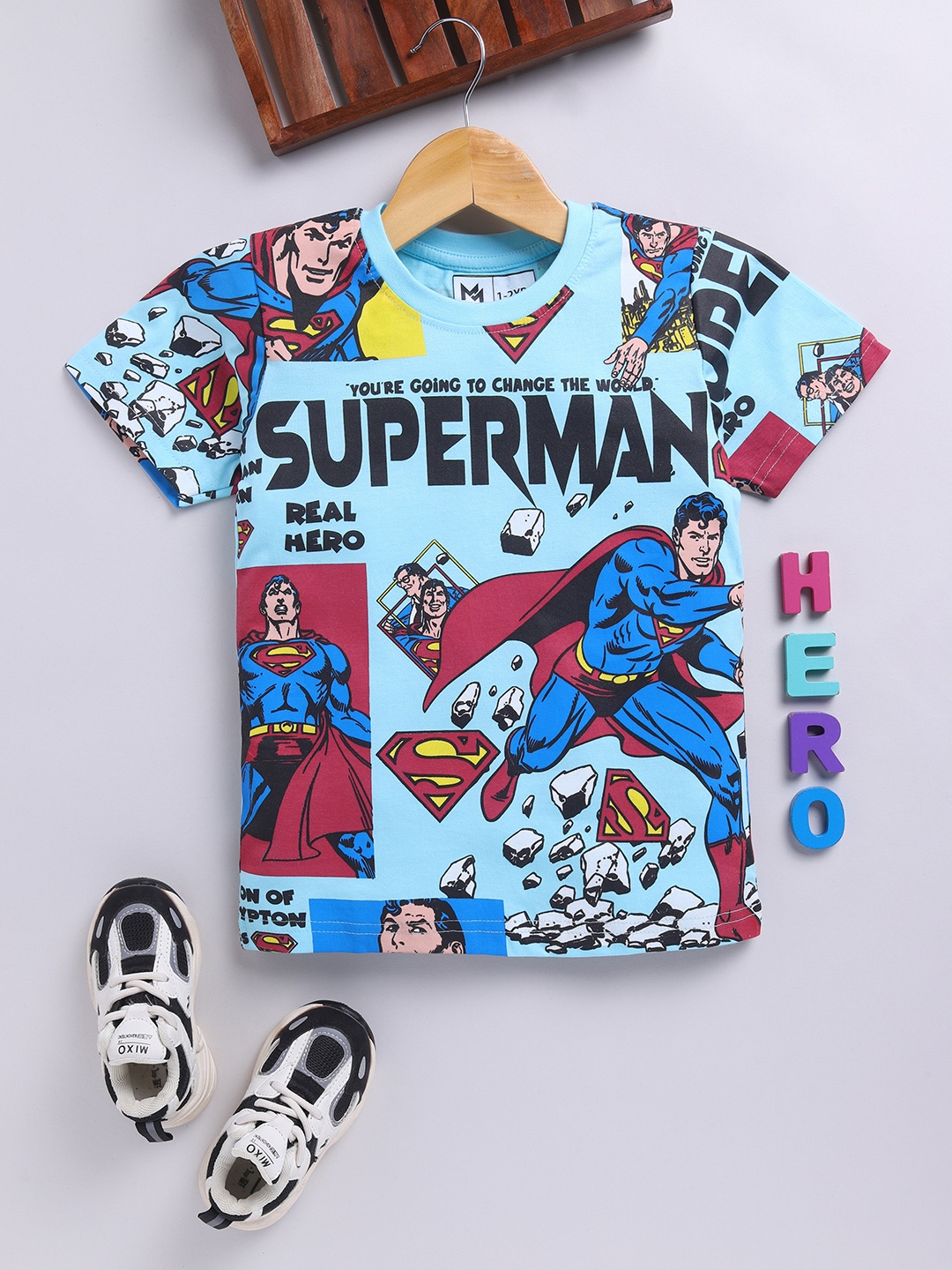 

YK X Minute Mirth Boys Superman Printed T-shirt, Blue