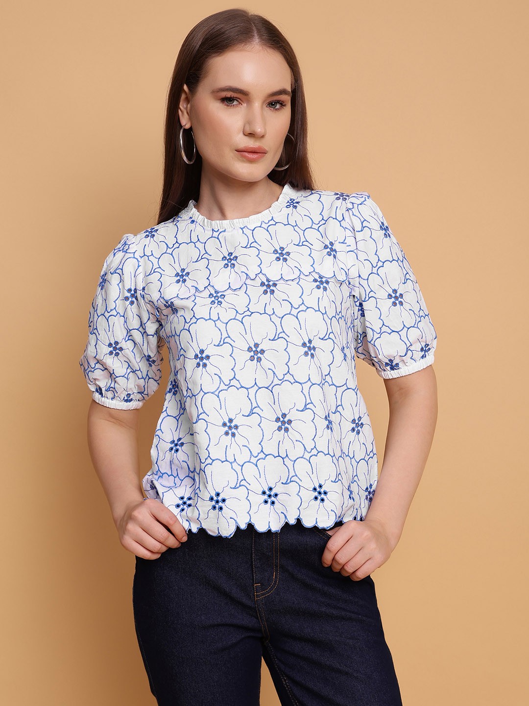 

Sands of India Floral Embroidered Cotton Top, White