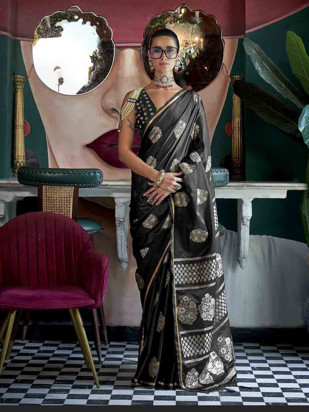 

Mitera Woven Design Zari Satin Saree, Black