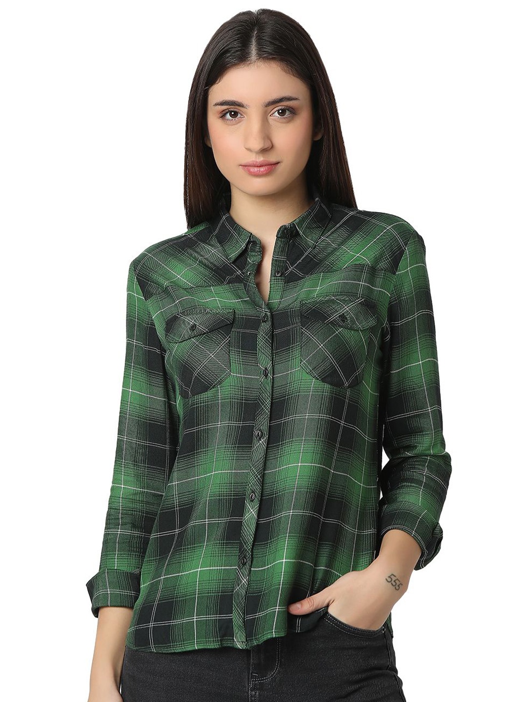 

SPYKAR Women Tartan Checks Opaque Checked Casual Shirt, Green