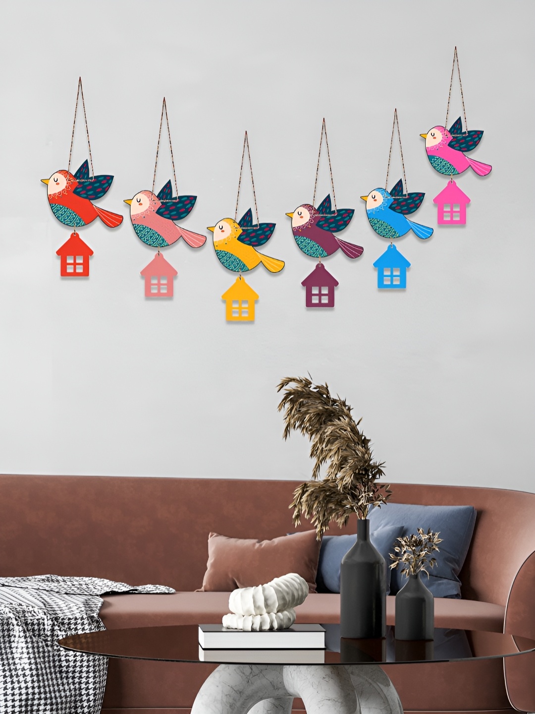 

ArtVibes 6-Pcs Blue & Pink Flying Birds Wooden Wall Hangings