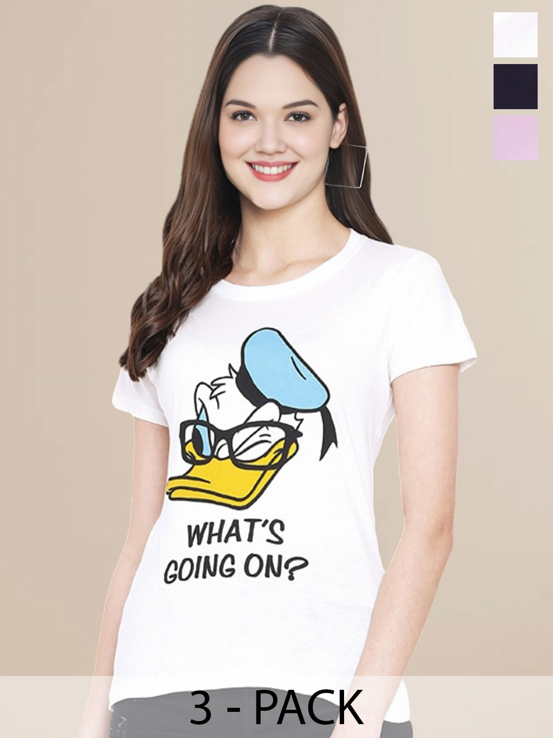 

Metronaut Women Pack Of 3 Typography Printed Round Neck Cotton Donald Duck T-shirts, Navy blue