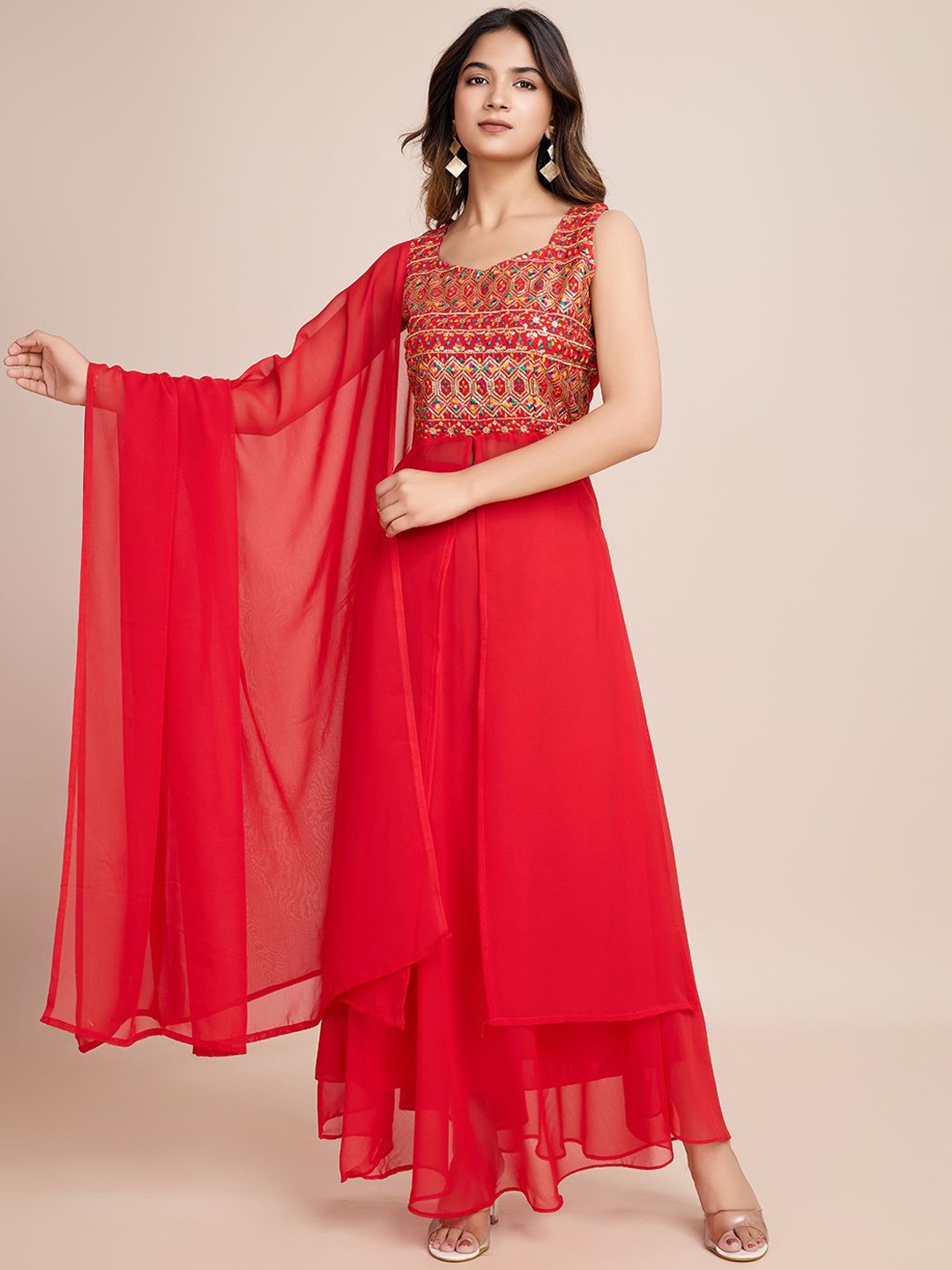 

AKSHARAM Women Floral Embroidered Regular Sequinned Kurta with Palazzos & With Dupatta, Red