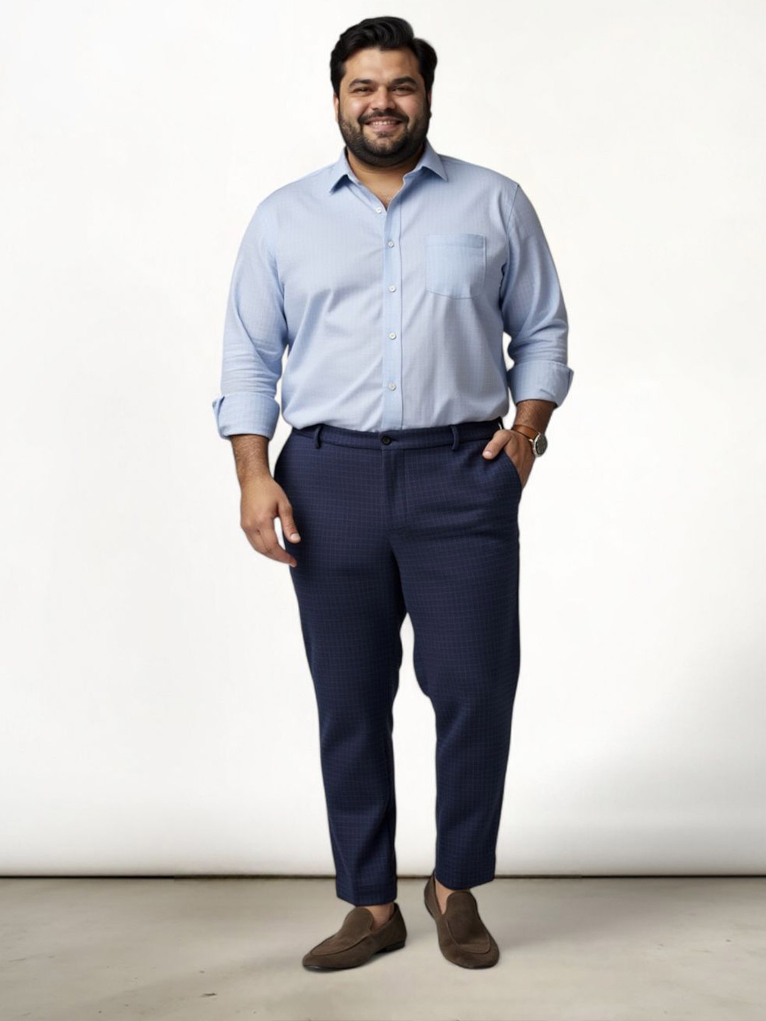 

The Pant Project Men Plus Size Checked Comfort Slim Fit Wrinkle Free Trousers, Blue