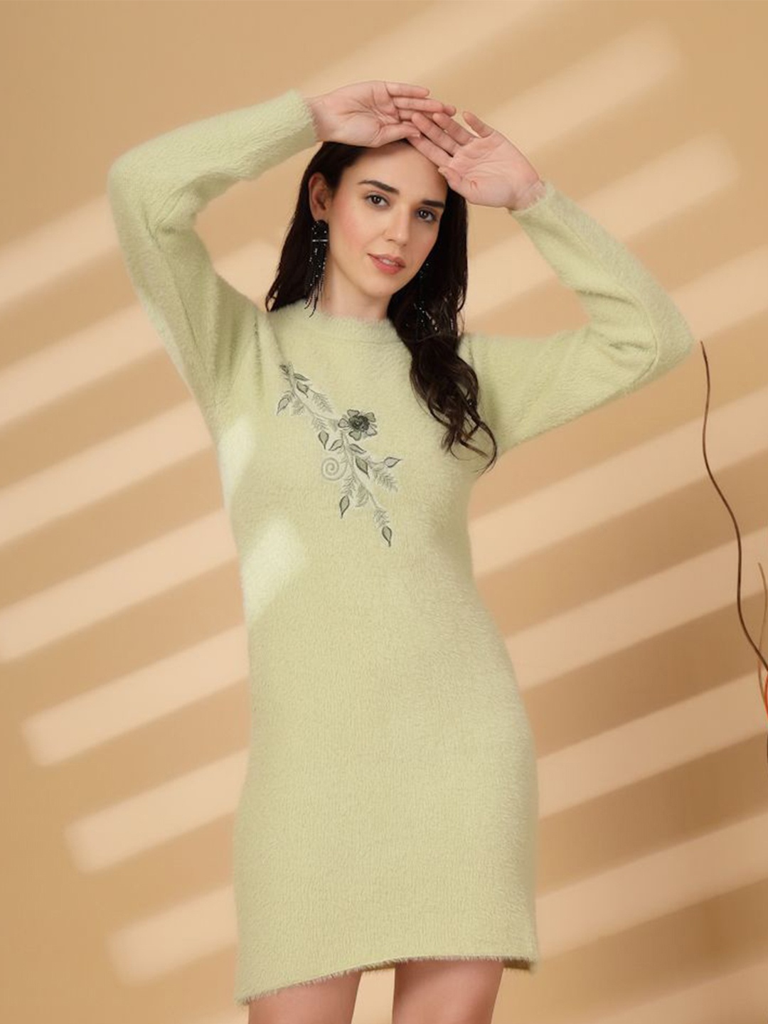 

Clora Creation Floral Embroidered Woollen Dress, Green