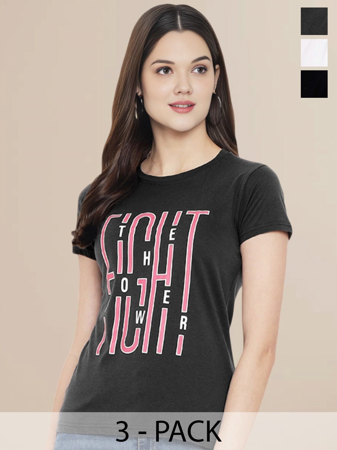 

Metronaut Women Pack Of 3 Typography Printed Round Neck Cotton T-shirts, Black