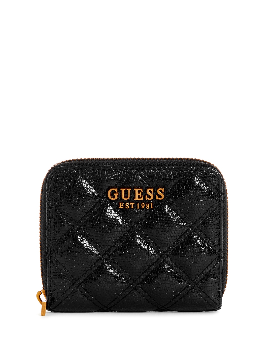 

GUESS Women Snake Skin Textured Quilted Zip Around Wallet, Black